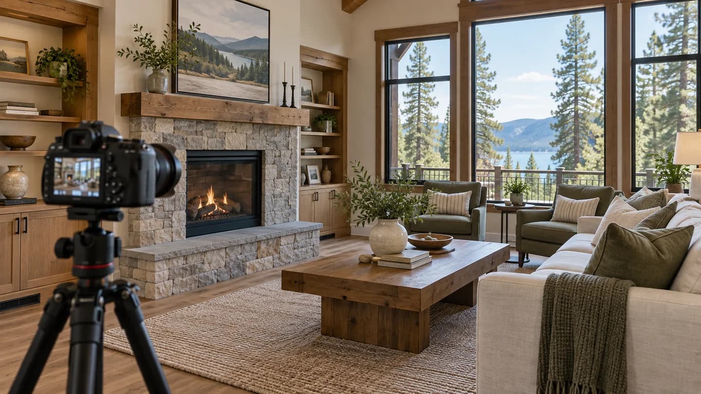 Camera on a tripod facing a staged living room with a stone fireplace and large windows.