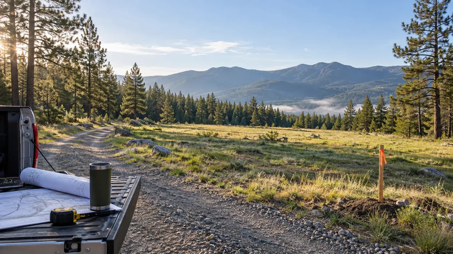 Gravel access road through pine-bordered acreage, with a survey stake and plans on a truck tailgate.