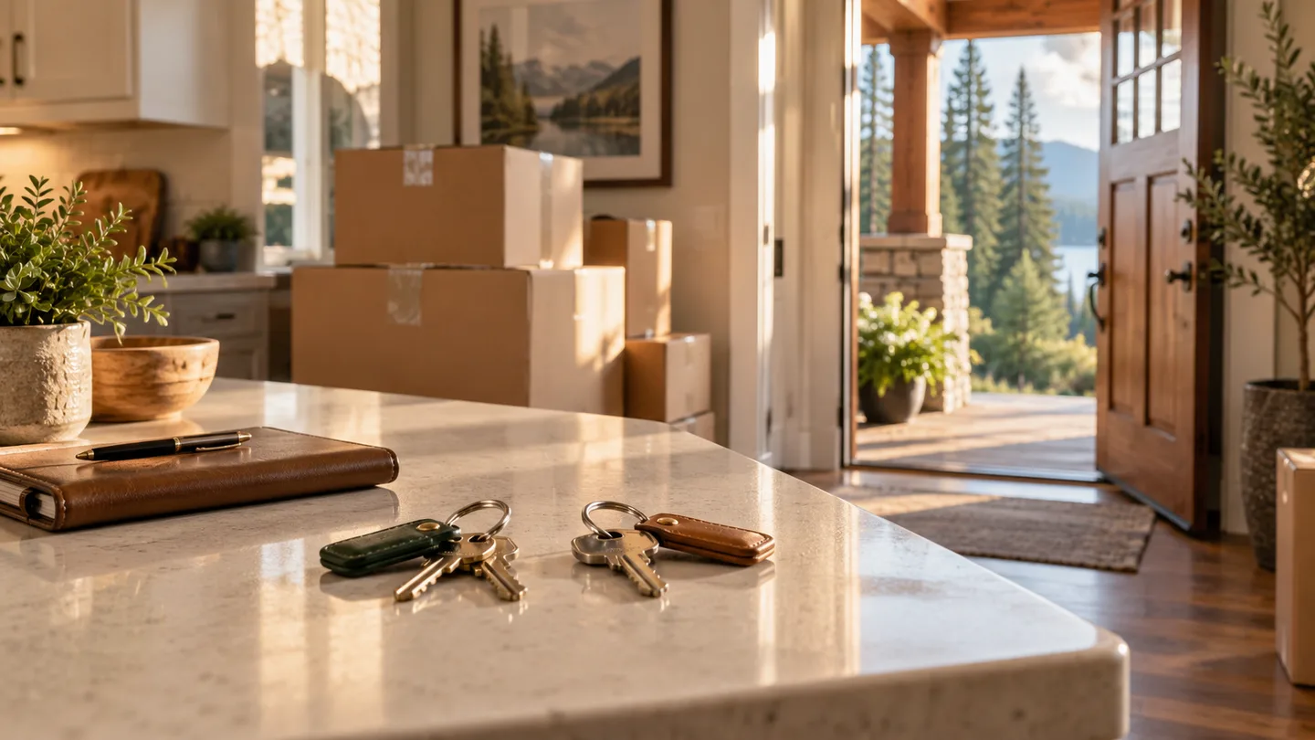 Two sets of house keys beside a planner, with packed moving boxes and an open front door beyond.