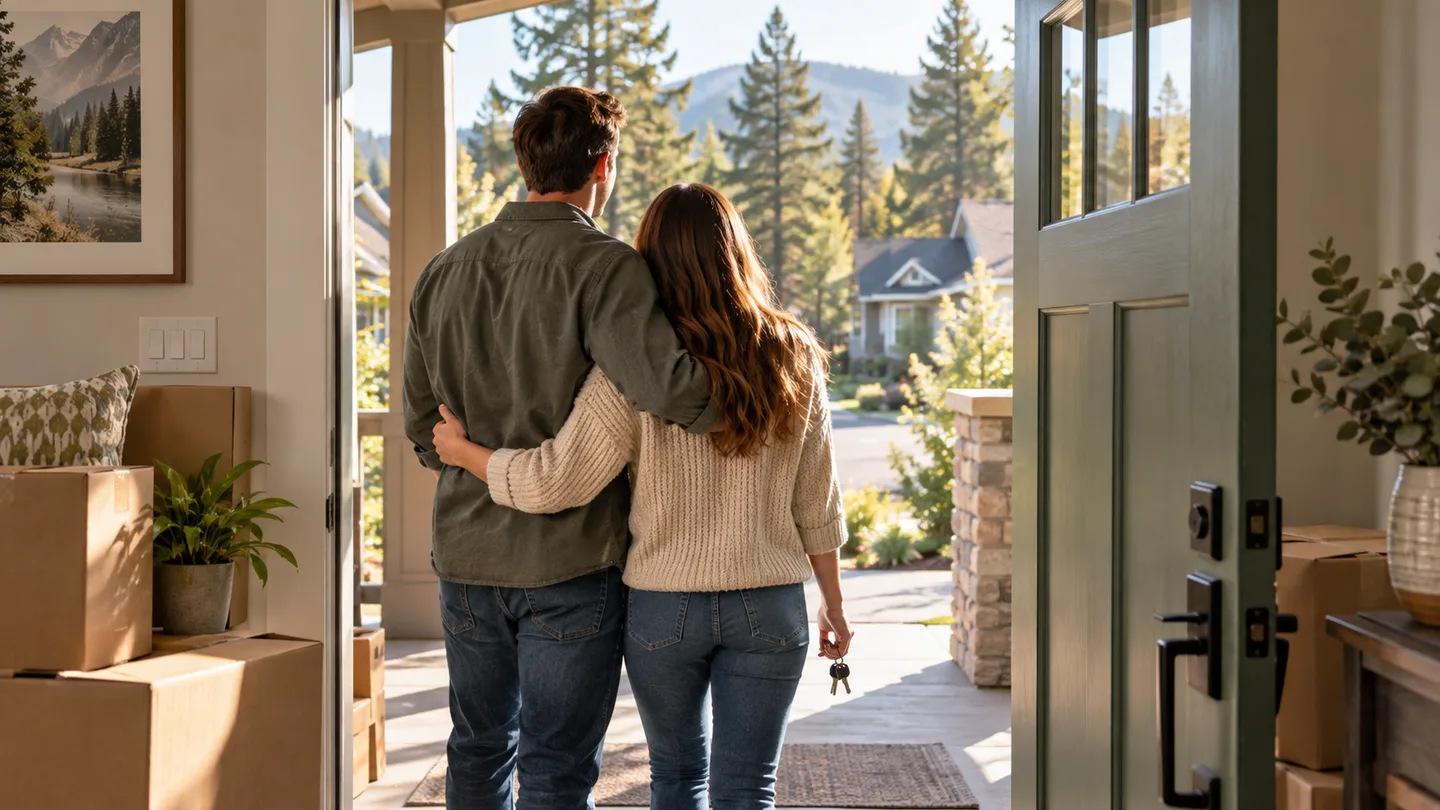 Couple holding house keys at an open front door, with moving boxes beside them.