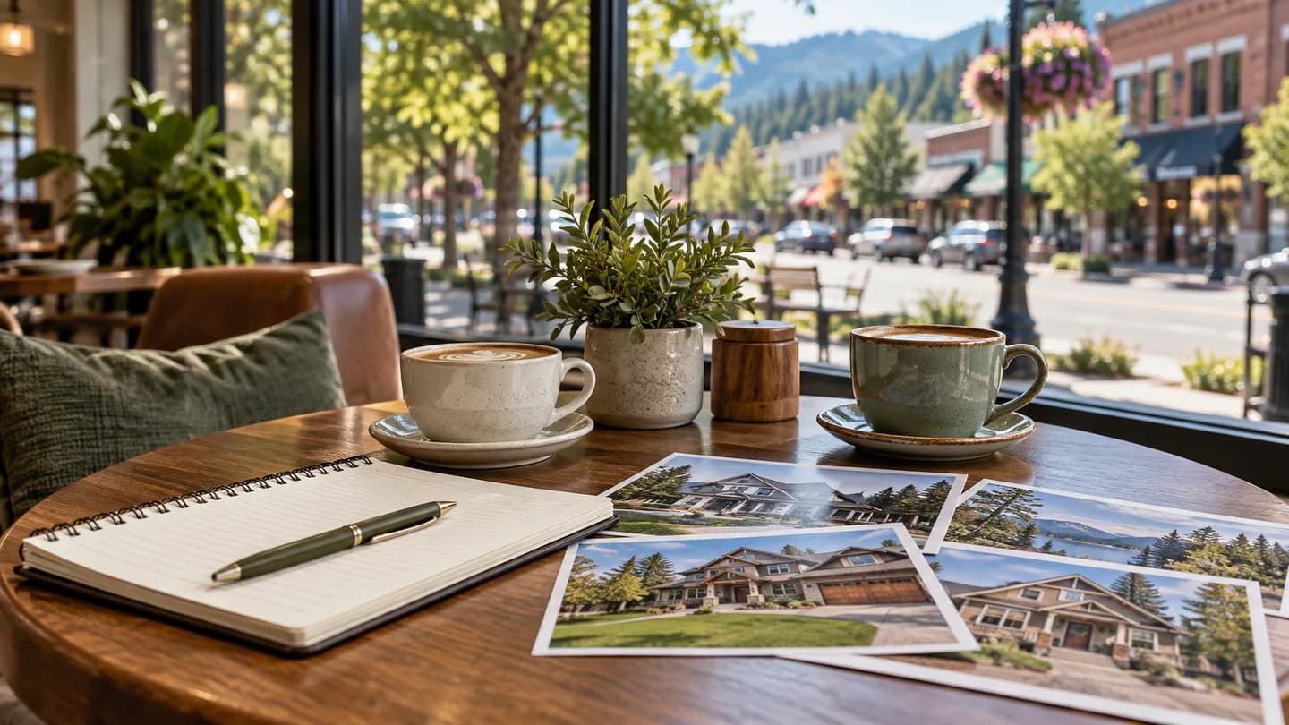 Notebook, home photographs and two coffees arranged for a conversation at a neighborhood cafe.