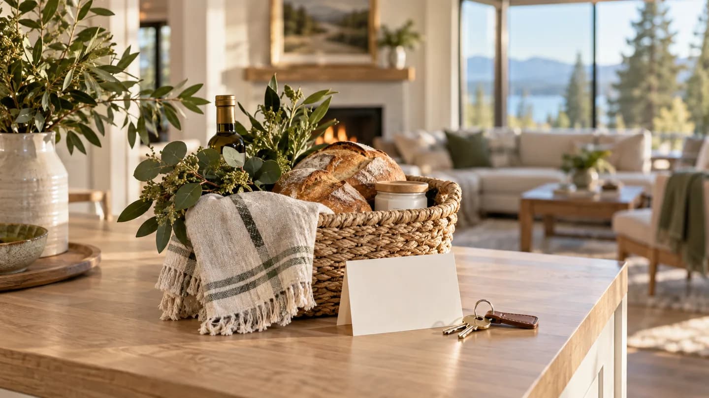 Housewarming basket, folded card and house keys on a sunlit kitchen counter.