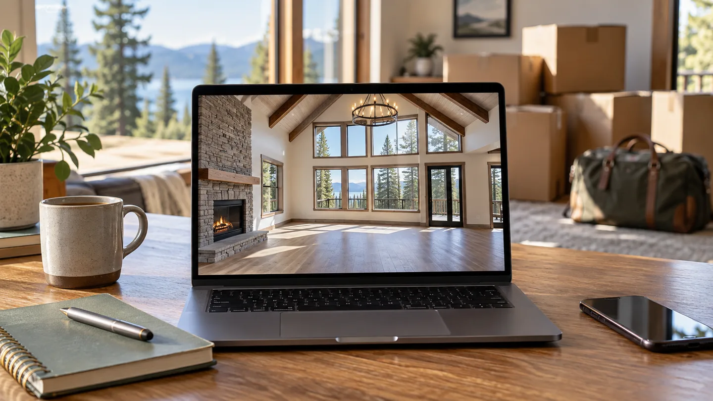 Laptop displaying a home tour, with a notebook, moving boxes and a travel bag nearby.