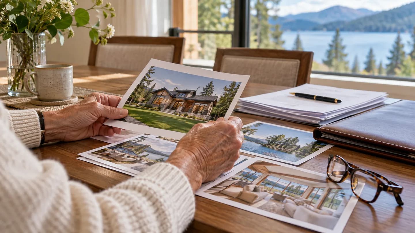 Older adult reviewing property photographs beside organized documents, glasses and a leather folder.