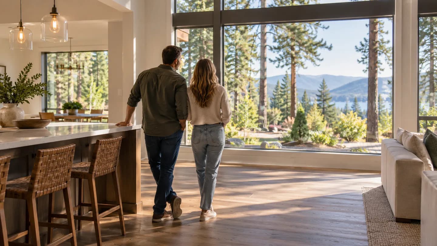 Couple looking through large living-room windows toward a pine-filled garden.
