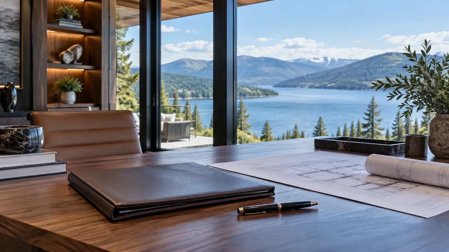 Organized documents and architectural plans on a walnut desk overlooking a lake and forested hills.