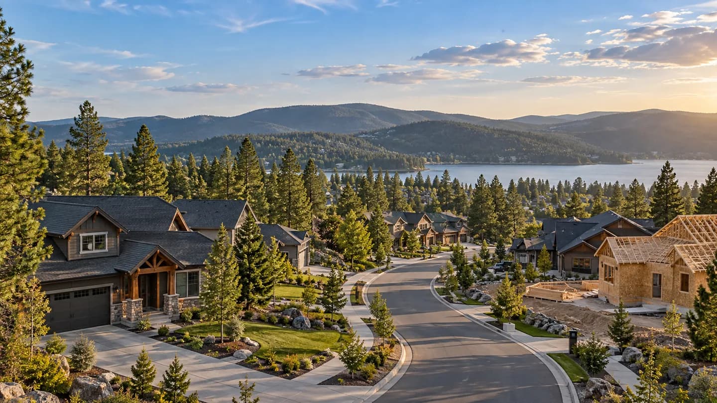 Established homes and a house under construction along a pine-lined street, with a lake and hills beyond.